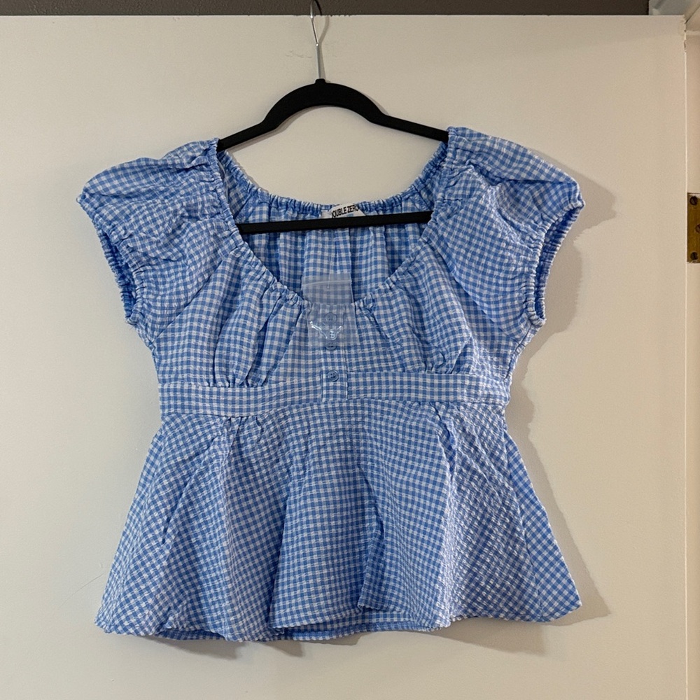 Double Zero Light Blue Gingham Peplum Cap-Sleeve Blouse